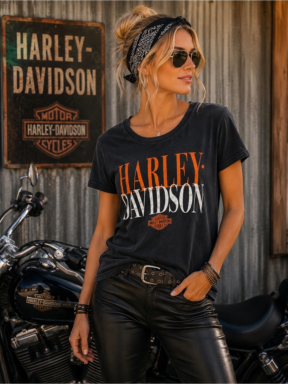 Harley Davidson Black Orange Graphic Logo Motorcycle Biker Tee Shirt L